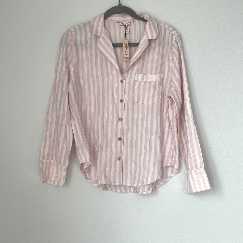 NWT Victoria Secret Pink & White Striped Long-Sleeve Button-Down Pajama Top XS